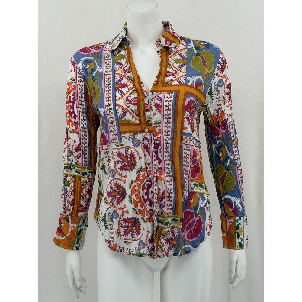 Calypso St Barth Top Womens Medium Colorful 100% Cotton Boho Button Up Sheer